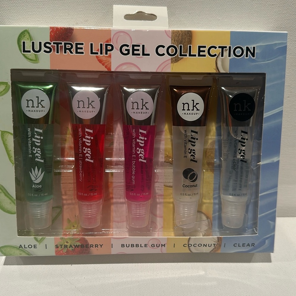 NK Makeup Lustre Lip Gel (5) piece collection in Aloe, strawberry, bubble gum.